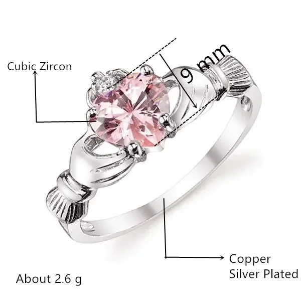Love Heart Ring Birthstone Silver Plated Irish Claddagh Wedding Engagement Rings for Women finger ring,silver ring,wedding rings,sparkling heart ring,wedding ring