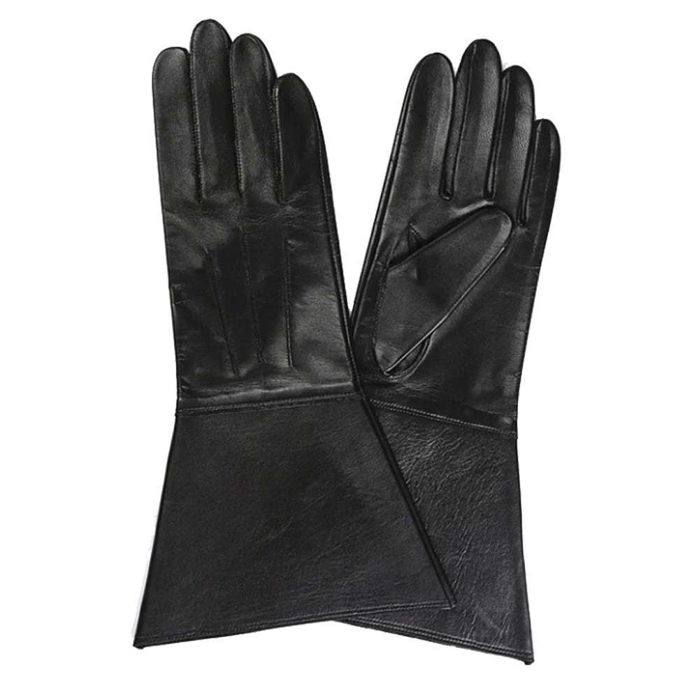 35CM MEN'S BLACK LAMBSKIN LEATHER MEDIEVAL RENAISSANCE LONG DOUBLE CUFF GAUNTLET GLOVES leather mittens mens Gloves & Mittens