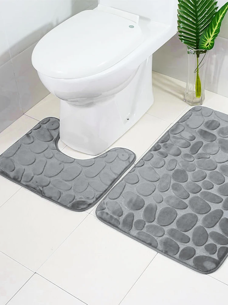 Non Slip Bath Mat and Toilet Mat Bathroom Rug Set Soft Bath with Cobblestone Pattern Washable Mats 2Pcs