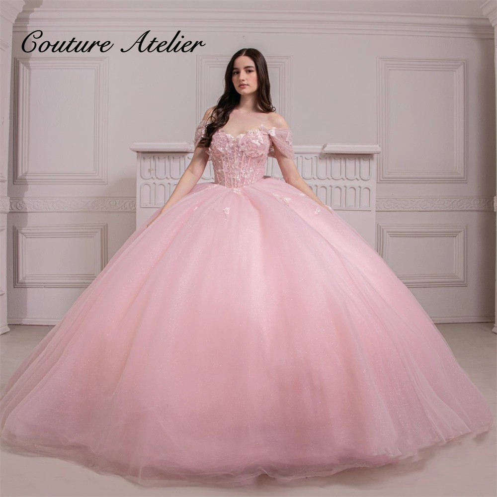 

Lovely Pink Butterflies Appliques Shinning Corset Quinceanera Dresses Ball Gown Princess Dress vestidos de quinceañera aqua