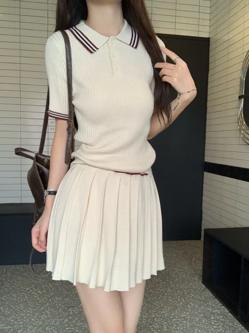 Autumn Knitted Two-piece Skirt Set Women Turn-down Collar Short Sleeve Top Pleated Mini Skirt Korean Fashion Knitting Outfits