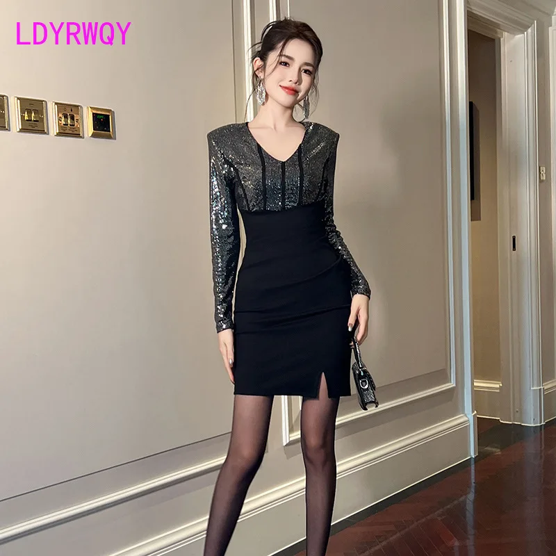 

2023 Autumn and Winter New Women's Nightclub Style Sexy V-neck Tight Wrapped Hip Sequin Dress