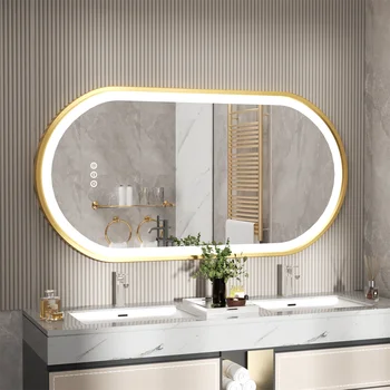 Gold Frame Oval Bathroom Mirror LED Lighted Anti-Fog Smart Vanity Mirror Anti-fog Dimmable Illuminated Innovative Makeup Mirror 2