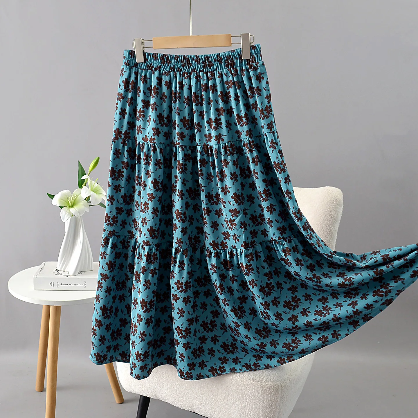 Plus Size Women's Long Skirts Autumn Of 2025 New Korean-style Fashion Floral Peacock Blue Cake Skirt 5977