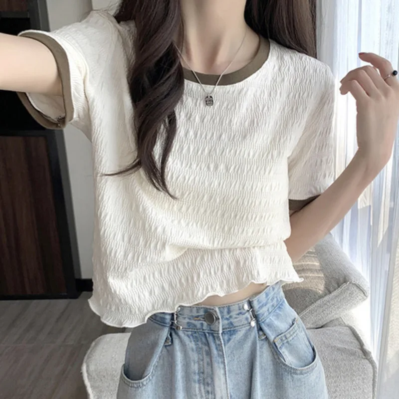 

French Style Fungus Edge T-shir For Women's Summer Loose Thin Chiffon Pure Sweet Top Unique Short Half Sleeved Fashion T-shirt