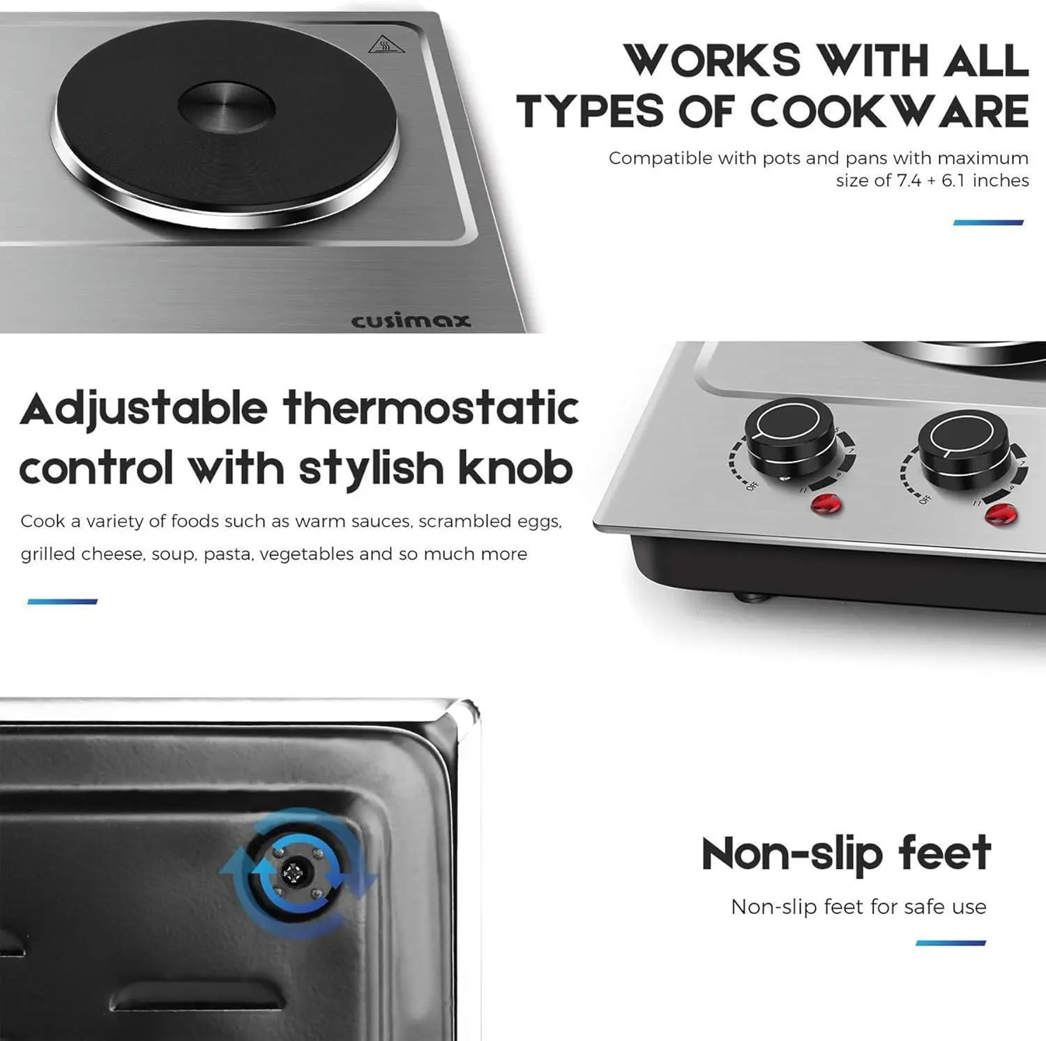 1800W Double Hot Plate, Stainless Steel Silver Countertop Burner Portable Electric Double Burners Electric Cast Iron Hot 3