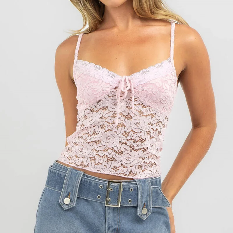 y2k Lace Crop Top Women Summer Sexy Solid Color Spaghetti Strap Sleeveless Backless Camisole 2000s Clothing Streetwear