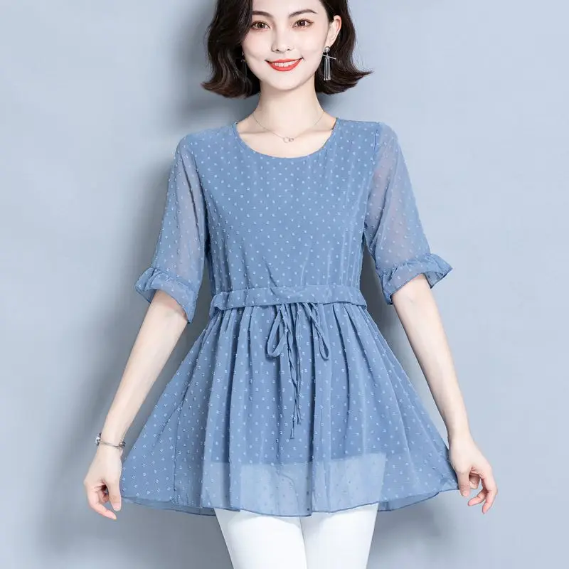 Elegant O-Neck Shirring Bandage Butterfly Sleeve Blouses Women's Clothing 2024 Summer New Loose Office Lady Tops Chic Shirts