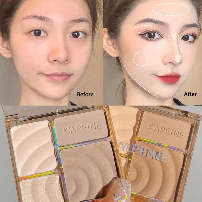 Face Highlighter Contour Palette Makeup Palette 4 Colors Facial Highlighter Makeup Palette 3D Nose Shadow Cosmetics Matte Face Contouring Shadow Palette Face Beauty Makeup Tool