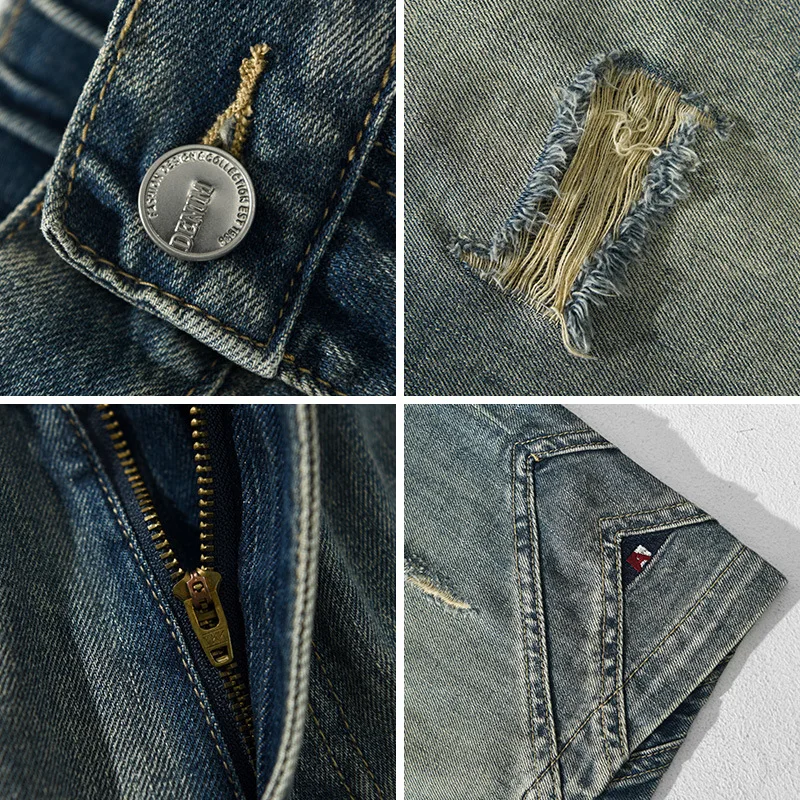 2024 Summer New Thin Vintage Ripped Denim Shorts Men Clothing Washed Loose Casual Soft Cotton Knee Length Men Pants AG7155