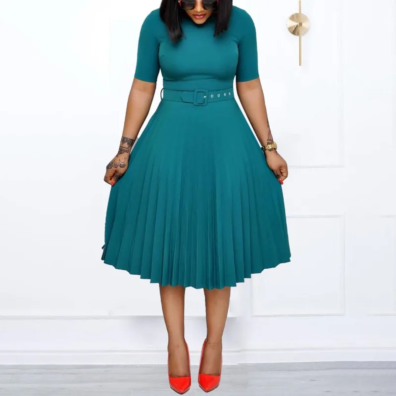 

2024 New Fashionable Summer Midi Pleated Dress Short Sleeve Office Lady Africa Sashes Women High Waist Elegant Dresses