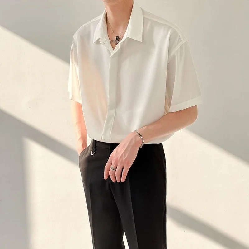 Korean Button Down Shirt Summer Thin Short Sleeve Silk Shirt Men