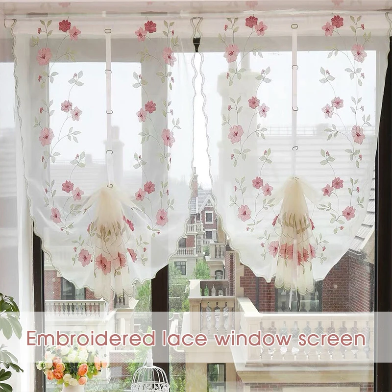 

Flower Embroidery Curtain Valance Coffee Shop Short Curtain Kitchen Cafe Roman Curtain Room Curtain Partition Window Drapes