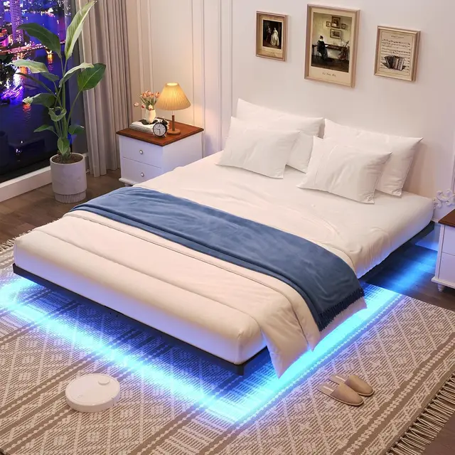 Queen Size Floating Bed Frame with Smart LED Lights, Heavy Duty Metal Platform Bed - Easy Assembly, Noise Free