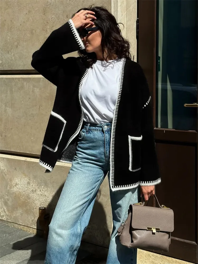 Knit Contrast Cardigan Sweater For Women Lace-Up Pocket Long Sleeve Patchwork Loose Coat Autumn Knitwear Women's Outwear