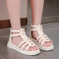 Summer Sandals for Girls 2023 New Versatile Solid Color Korean Style PU Soft Non-slip Flat Casual Weave Roman Shoes for Princess 1