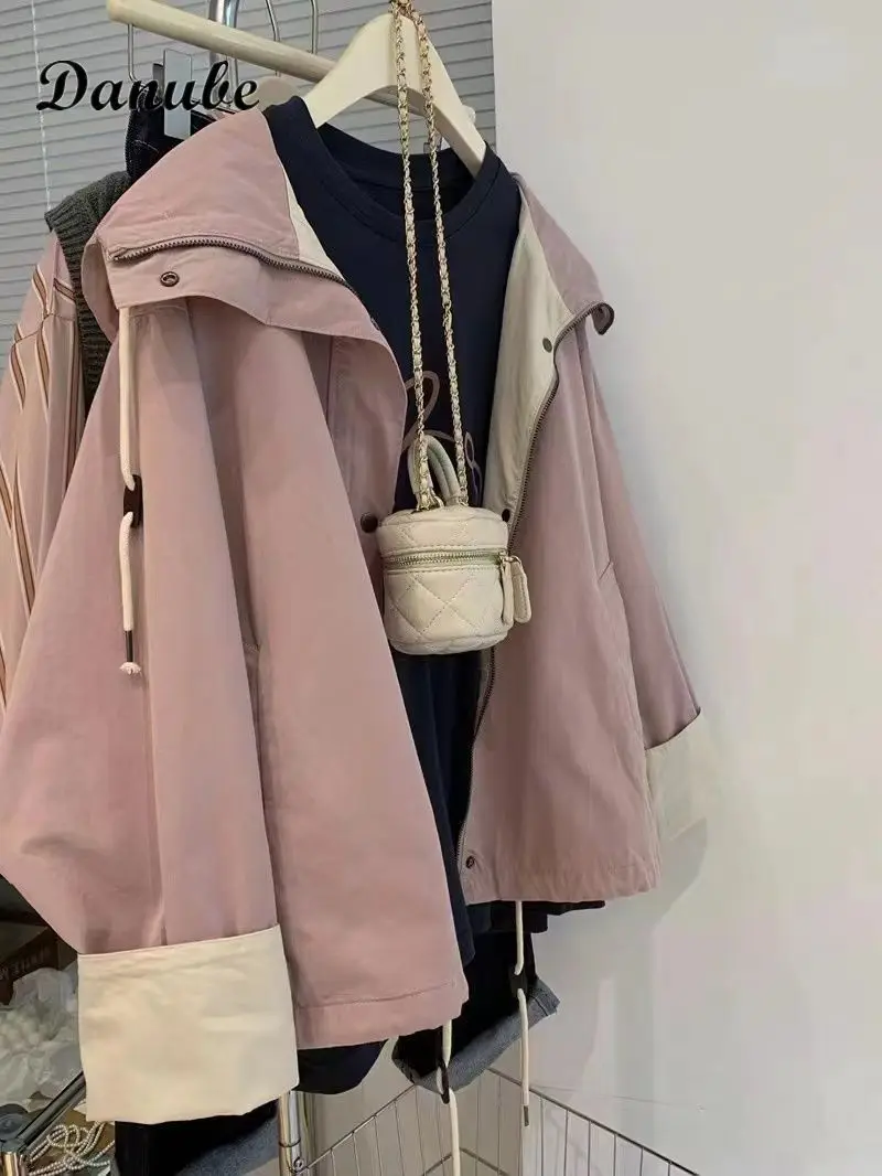 

Korean Style Color Contrast Hooded Trench Jacket Women Autumn Elegant Windbreaker Female Outerwear Casual Zip Up Oversized Coat