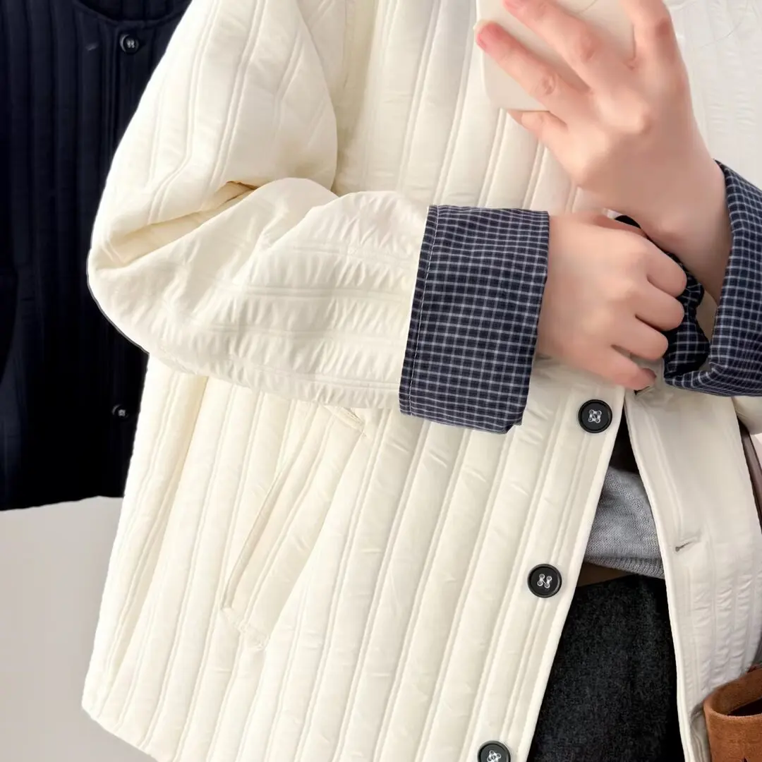 Plus Size Women's Parkas Casual Thin Collarless Plaid Cuffs Padded Jacket Warm Vertical Stripe Quilting Coats 2582