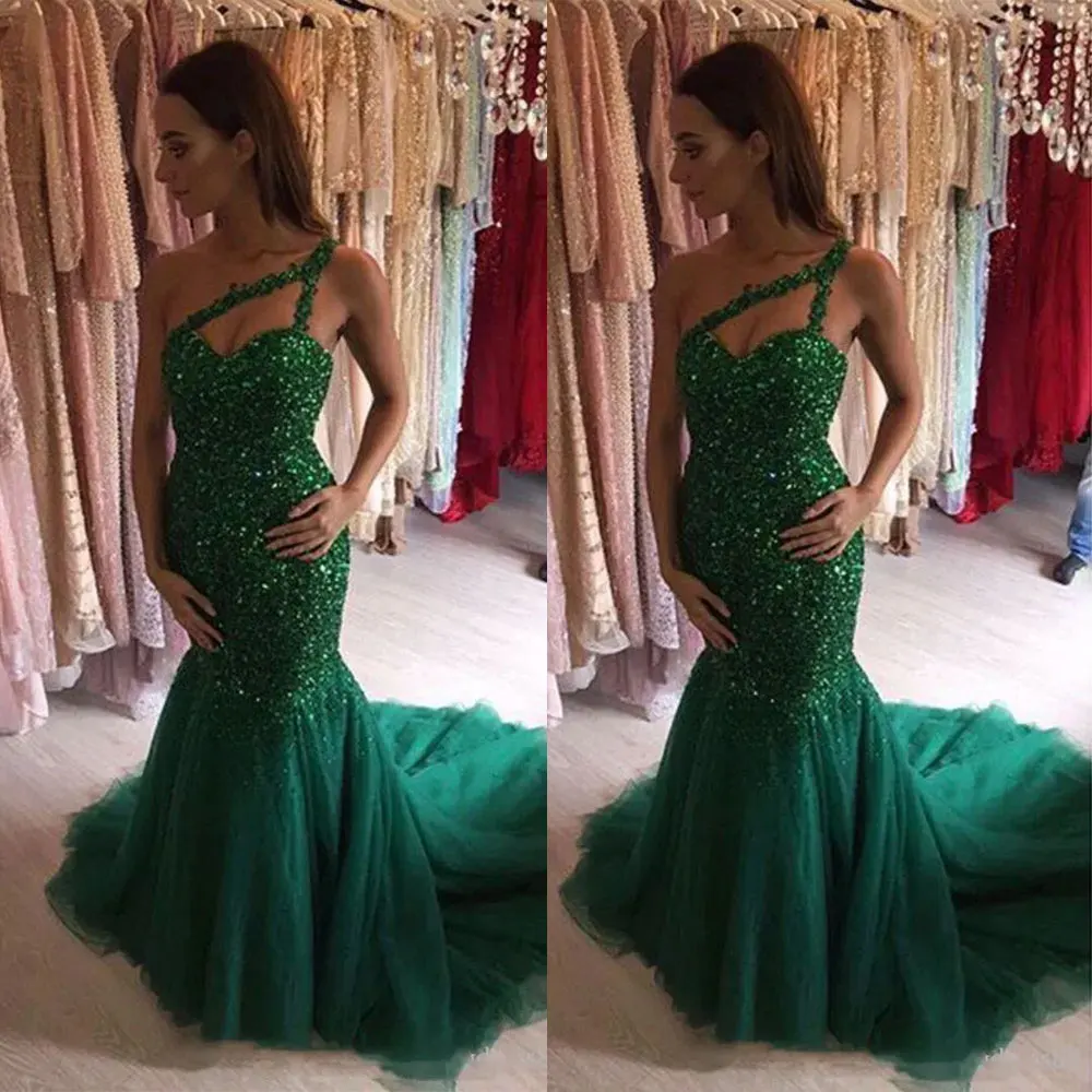 

Green Sparkly Sequin Prom Dresses with Tulle Hem Women Sexy Mermaid Evening Gown One Shoulder Spaghetti Strap Formal Party Dress