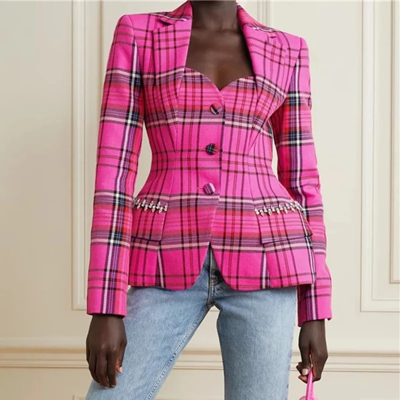 High Street Plaid Blazers For Women Notched Loose Long Sleeve Single Breasted Ladies Coats Chic Female Hollow Out Suit Jackets