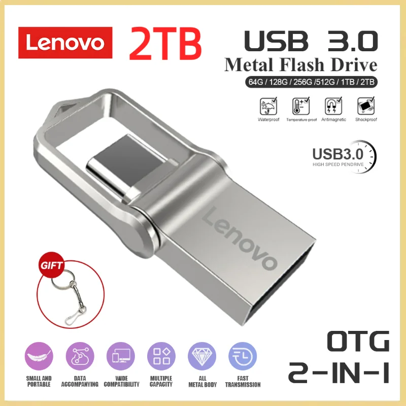 Lenovo 2Tb Usb 3.0 Metal Flash Drive 1Tb Pendrive 512Gb 256Gb Chiavetta Usb Impermeabile Memoria Usb Ad Alta Velocità Chiavetta Usb Otg