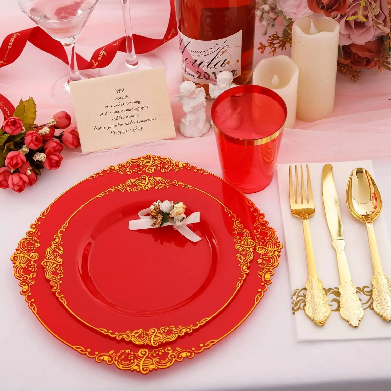 175PCS Red Plastic Plates,Red Disposable Plates With Gold Rim,Red and Gold Plastic Dinnerware Set Includes: 50 Plates NEW USA