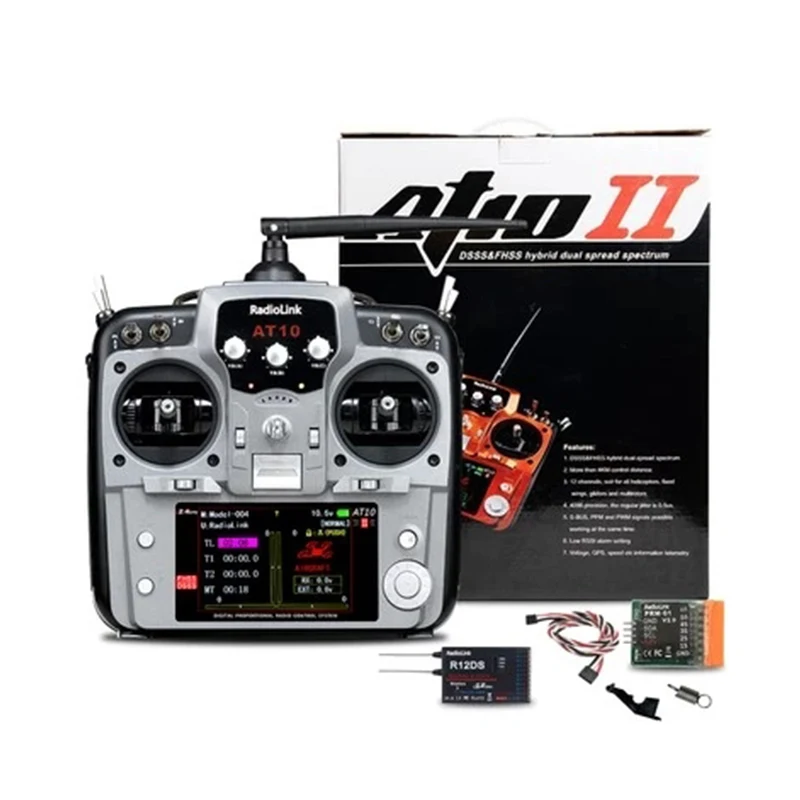 Récepteur R12DS 2.4GHz à côté de la télécommande Radiolink AT10II 12CH, mode 2