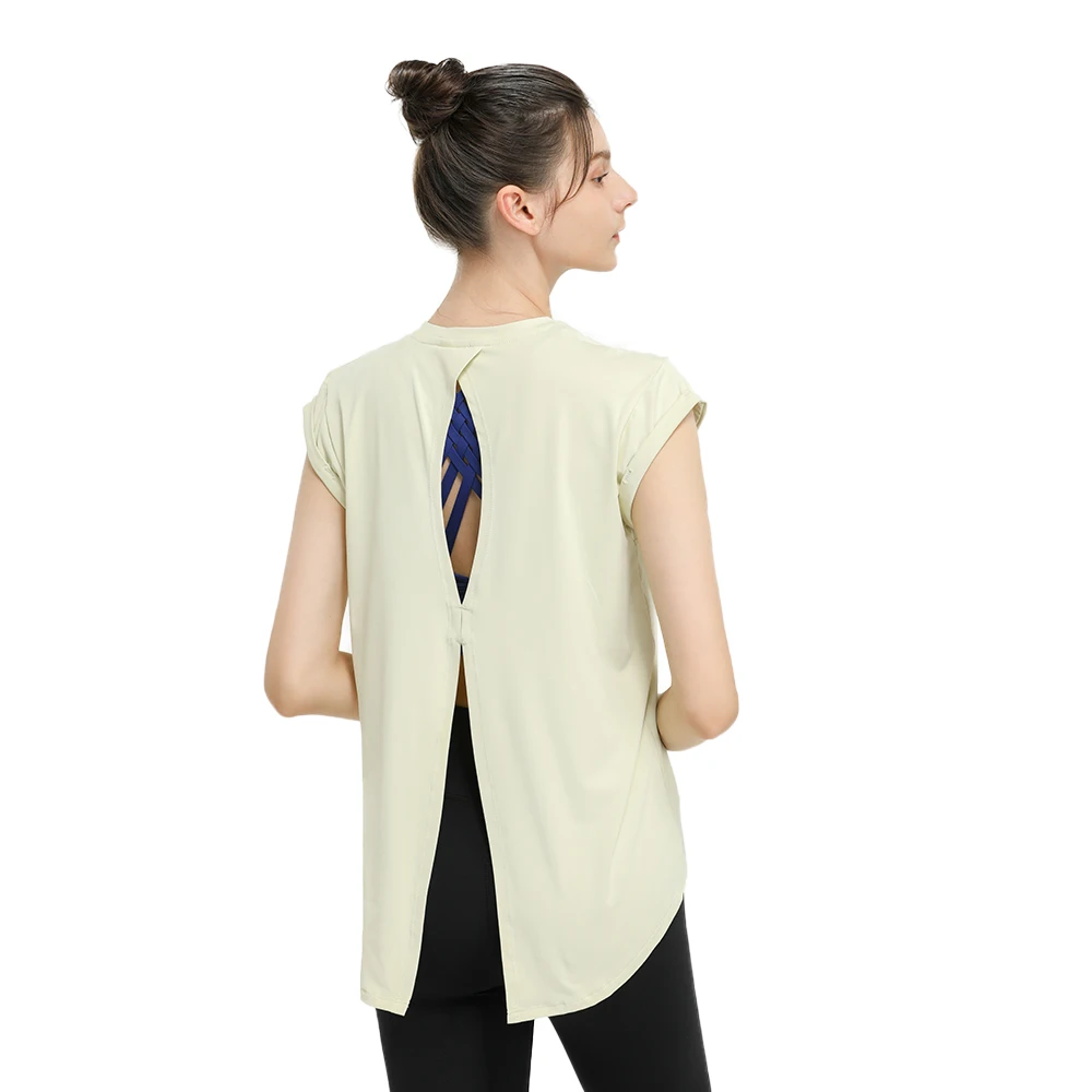 Fitness Tshirt Women Short Sleeve Polyester Fast Dry Hollow Back Bandage Gym Running Workout Yoga Sports Casual Shirts Plus Size