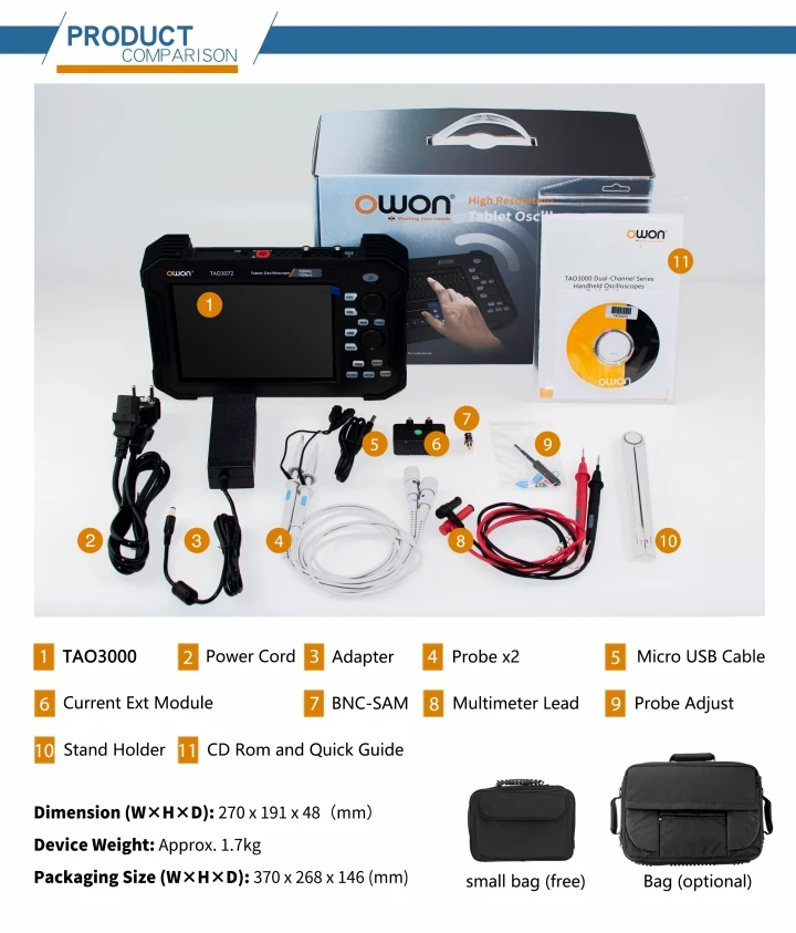Portable Tablet Digital Oscilloscope 2CH 1GS/s 8 bits TAO3072 TAO3102 14 bits TA