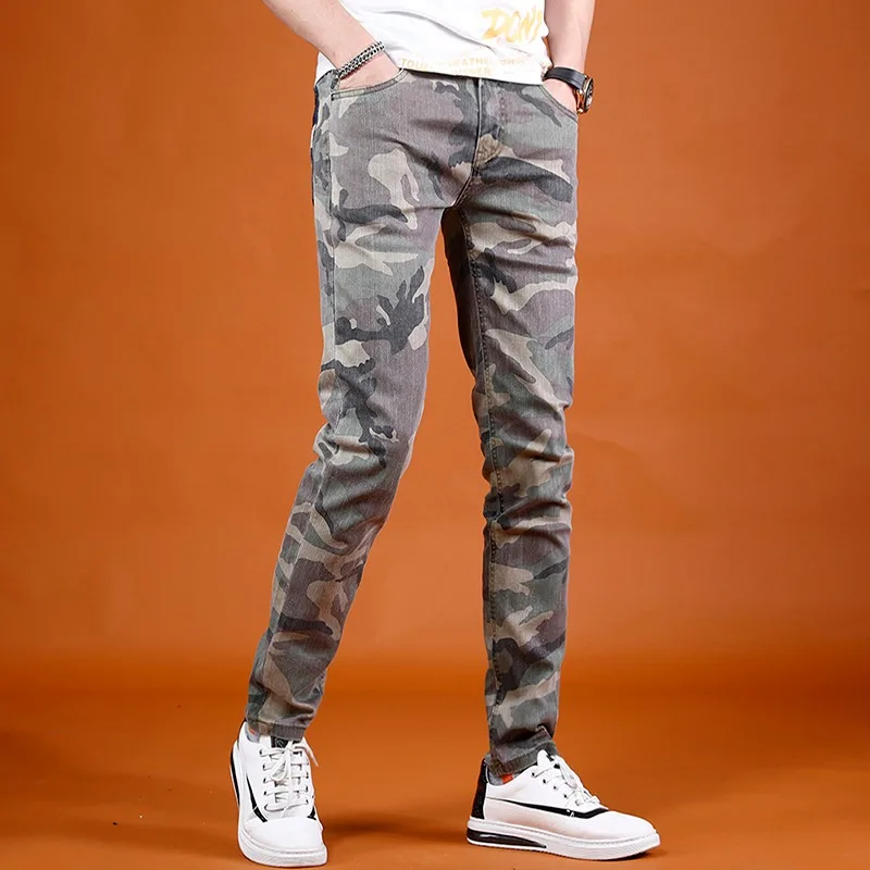 Camouflage Jeans Men Summer Lightweight Slim Fit Pants Streetwear Casual Straight Leg Denim Trousers