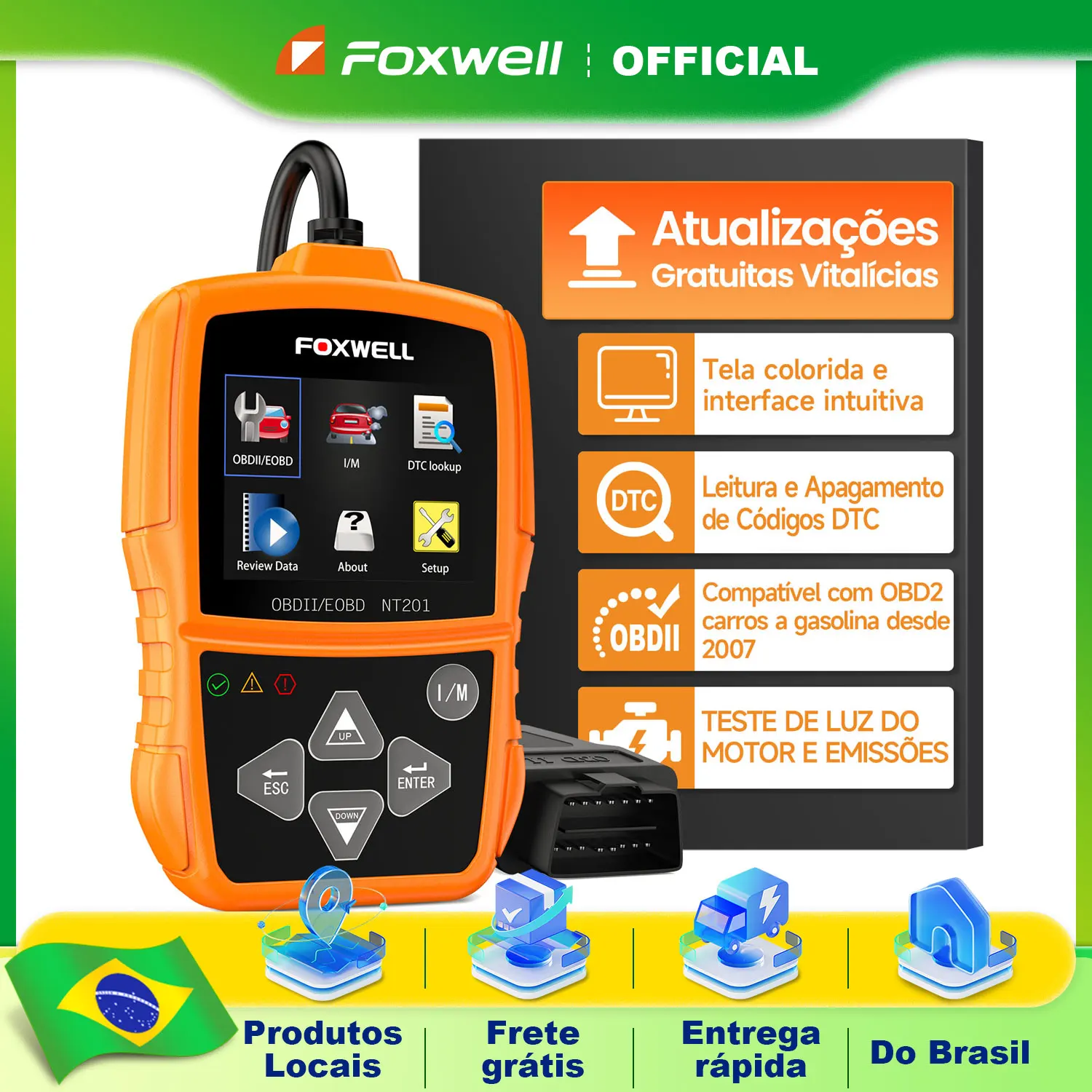 Leitor de Códigos OBD2 FOXWELL NT201 para Carros, Leitura e Limpeza de Códigos de Falha, Dados ao Vivo, Ferramentas de Diagnóstico Automotivo OBD 2, Atualização Gratuita