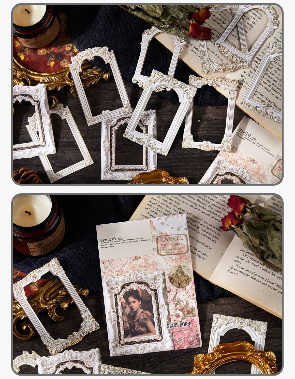 10/60 Pcs Retro Picture Frame Stickers Pack Relief Hand Tent DIY Scrapbook Diary Aesthetic Stationery Supplies Hollow-Out Design