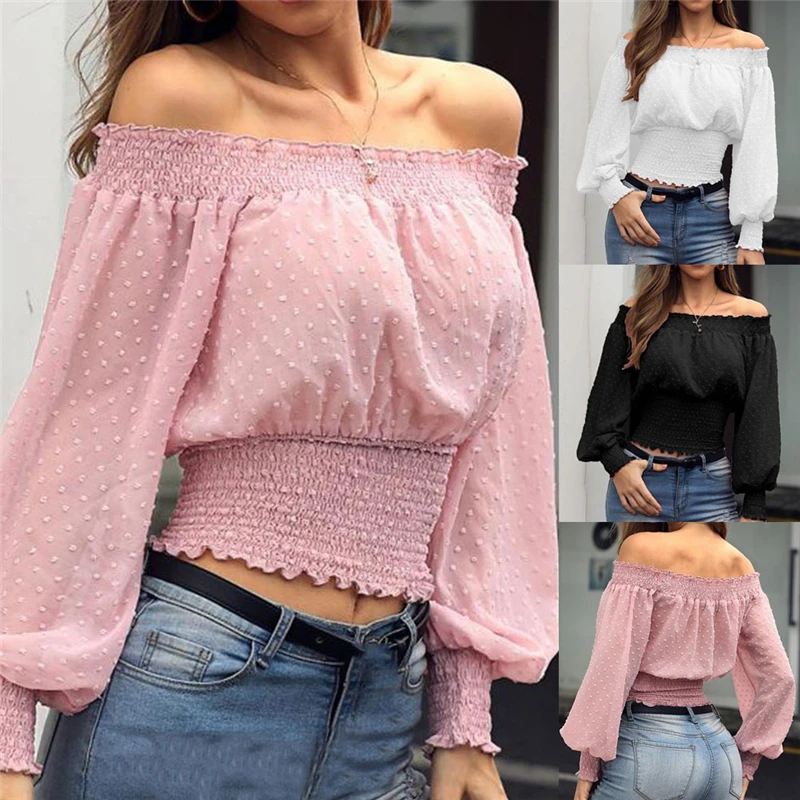 

2023Spring Summer Sexy Off Shoulder Pink Blouses Women Tops Casual Puff Sleeve Shirt Elegant Ladies Bandage Tops
