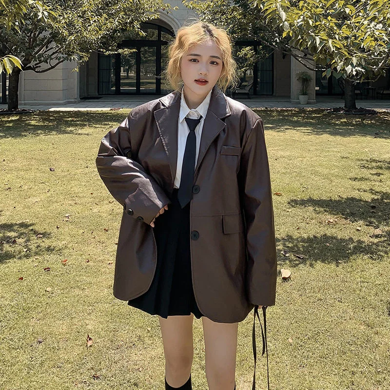 Vintage Leather Jacket Women 2022 New High-grade Suit Collar Brown PU Leather Jacket Coat, Harbor Wind Fashion