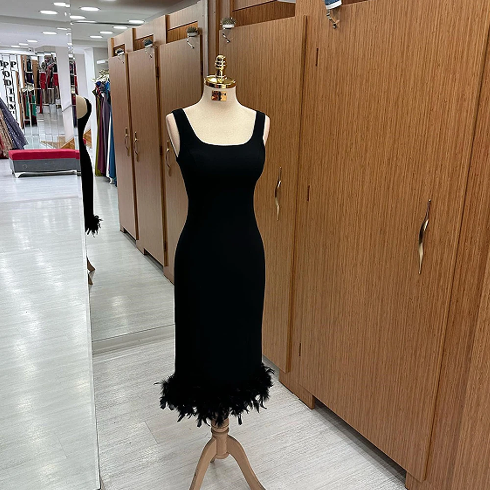 

Elegant Black Evening Dresses Square Neck Sleeveless Mermaid Party Gowns Feather Prom Gowns Tea Length 2023 فساتين السهرة