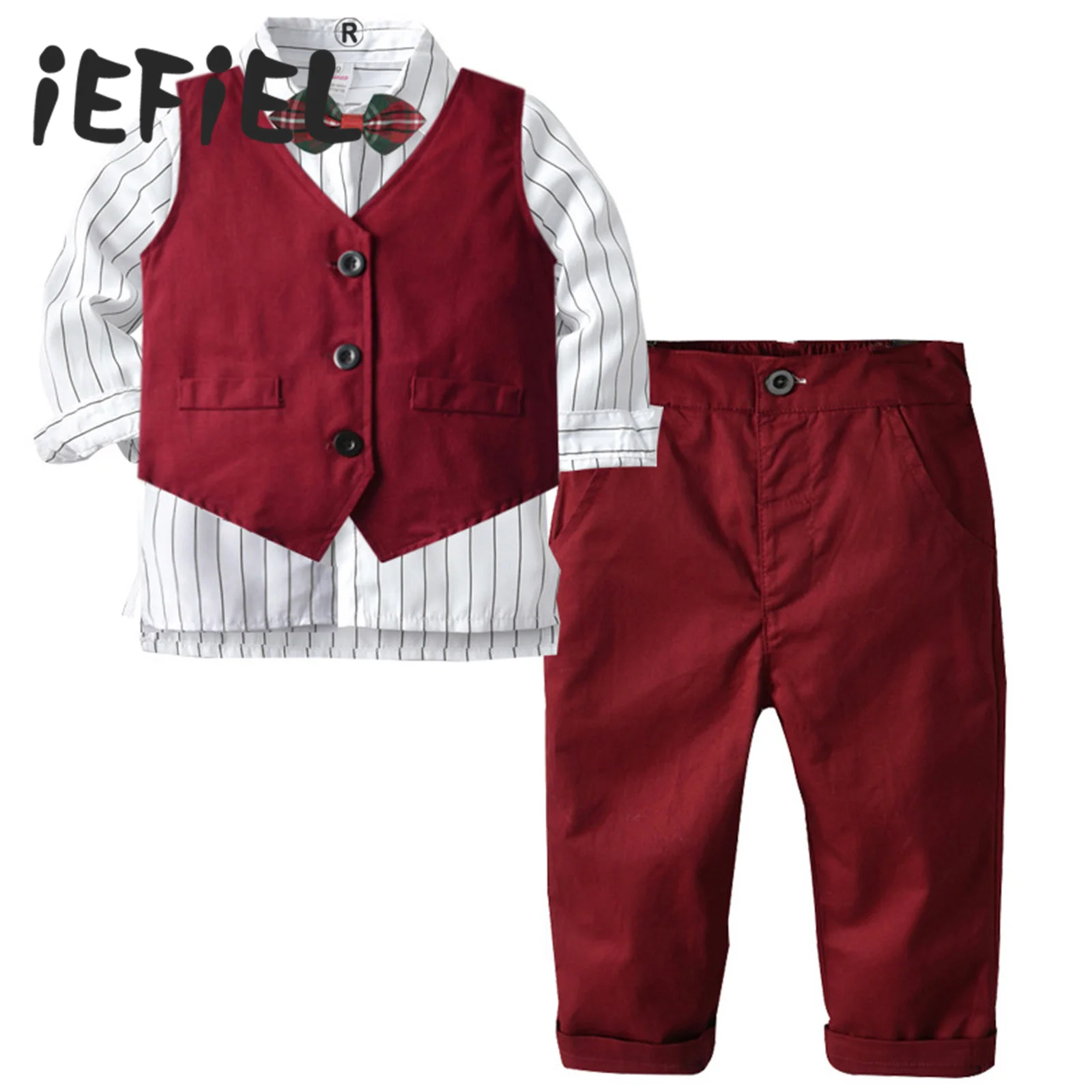 

Kids Boys Gentleman Birthday Party Outfit Long Sleeve Striped Shirt Bow Tie Pointed Hem Vest and Pants Formal Prom Occasion Set