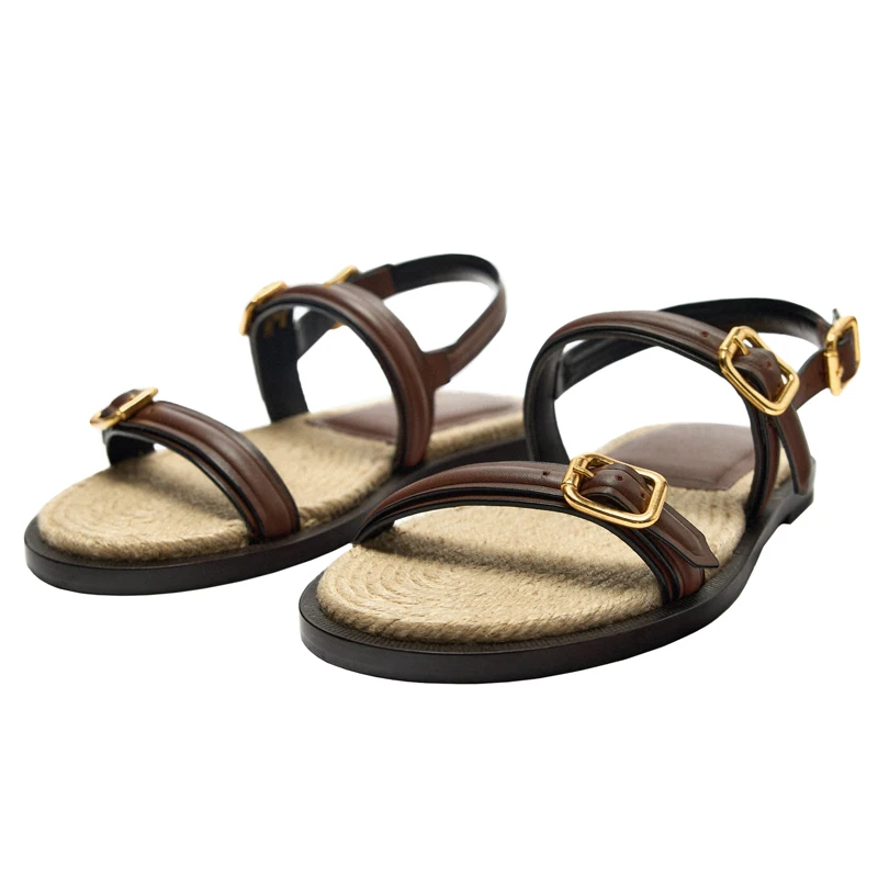 

Beach Casual Shoes Genuine Leather Sandals Rome Gladiator Women Strap Buckle Flats Straw Hemp Rope Weave Flip Flops Brown 40 41