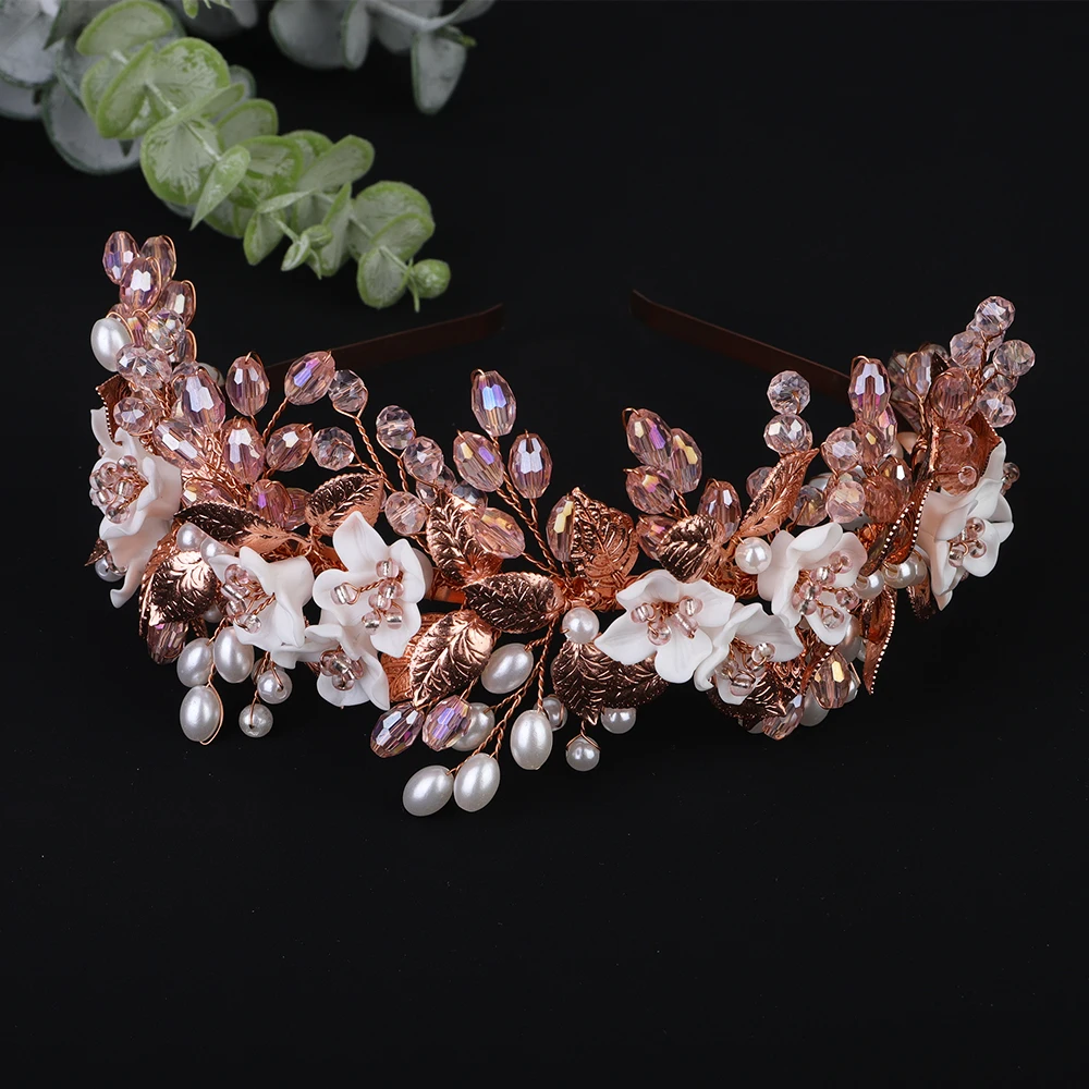 Bridal Hair Accessories Flower Leaf Diamonds Bridal Crown Pearl Crystal Wedding Headband for Women