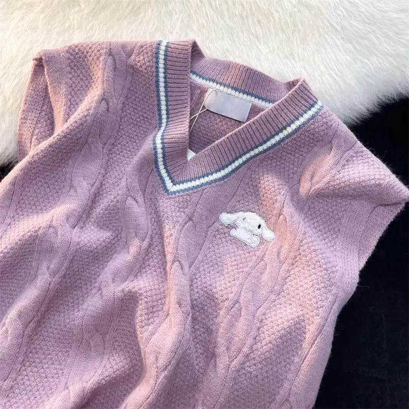Kawaii Sanrio Cinnamoroll Woolen Knitted Vest Girl Cute Anime Academy Style Jk Underlayer Top Girl Warm Birthday Christmas Gift
