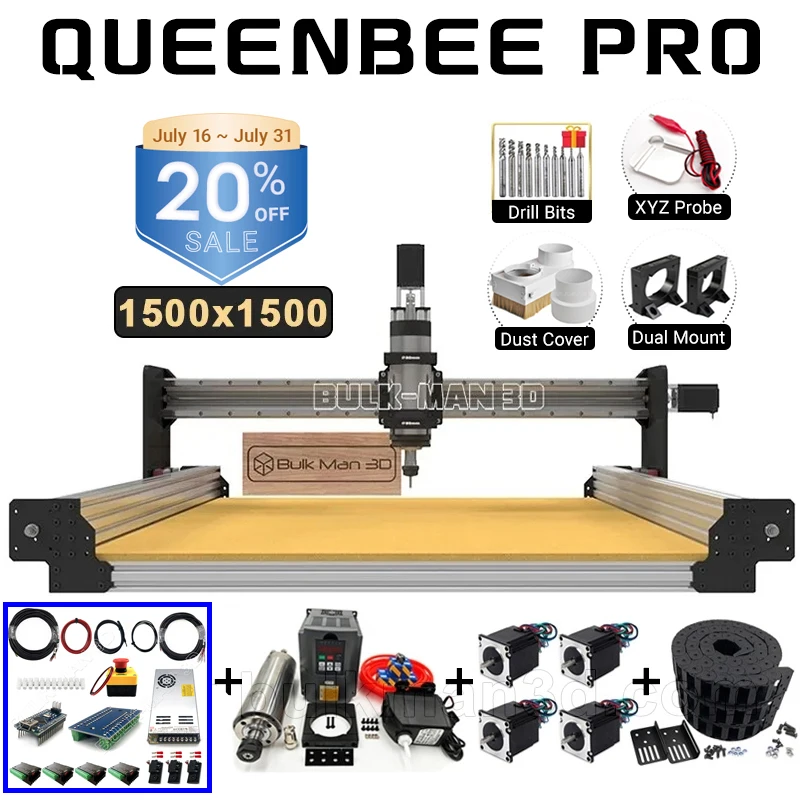 

20%OFF BulkMan 3D 1500x1500mm QueenBee PRO CNC Router Machine Complete Kit with High Torque GRBL Controller Milling Engraver