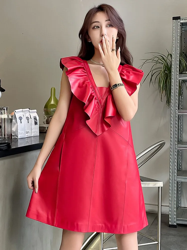 Women Fashion Ruffles V Neck Genuine Leather Dress Knee