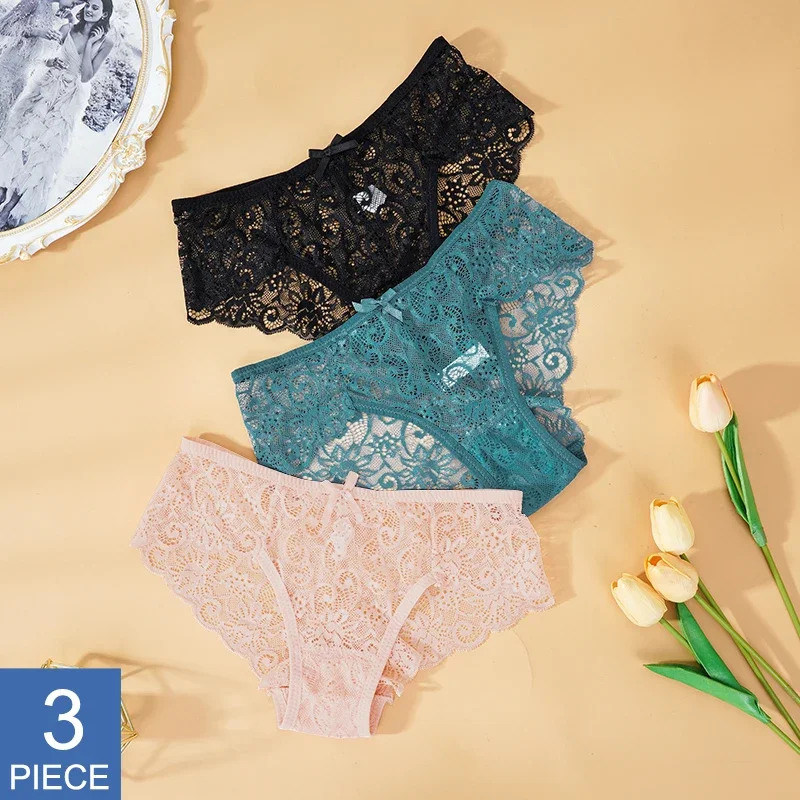 3Pcs/Pack Sexy Women's Lace Panties Underwear Lace  Briefs S M L XL Transparent  Floral Bow Soft Female Lingerie