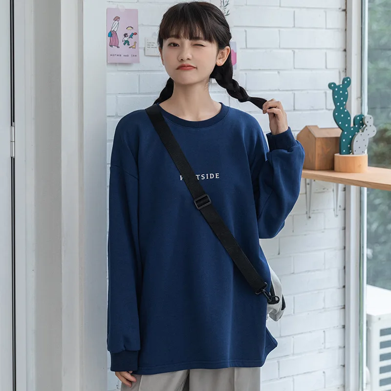 Women O-Neck Drop Sleeve Preppy Style Sweatshirts Dark Blue Simple Loose Casual Pullovers Cartoon Printed Cotton Sweatshirts