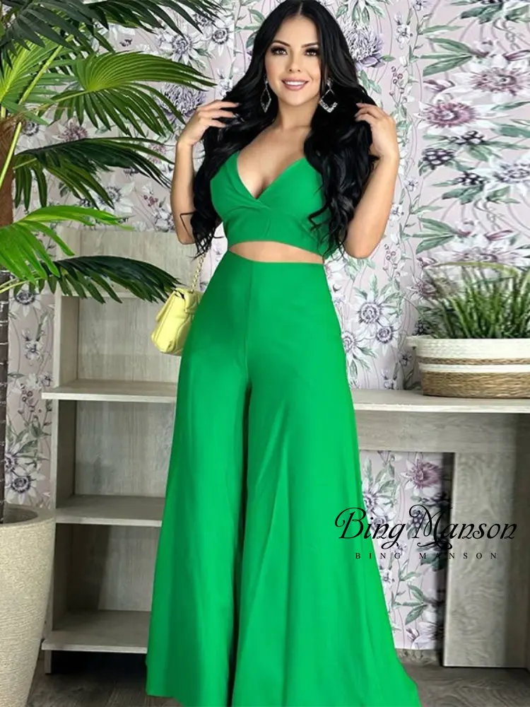 Spring New Women's Two-piece Solid Color Suspender Vest High Waist Pocket Wide Leg Pants Casual Suit Monos Mujer