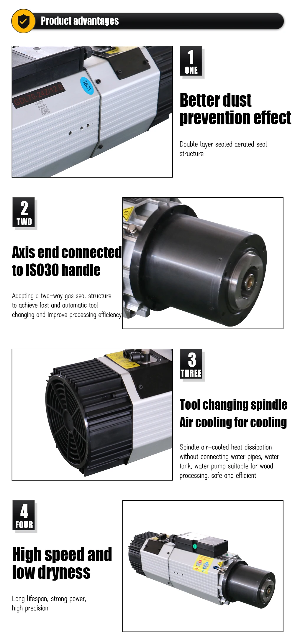 HQD ATC Spindle Motor 12kw For wood Aluminium soft metal ISO30 HSK63F 24000rpm+1