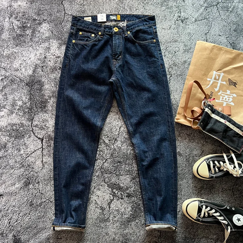 14oz High Quality 100% Cotton One Wash Raw Deep Blue Denim Jeans for Men Red Selvedge Slim Straight Pants Vintage y2k Youth Male 1