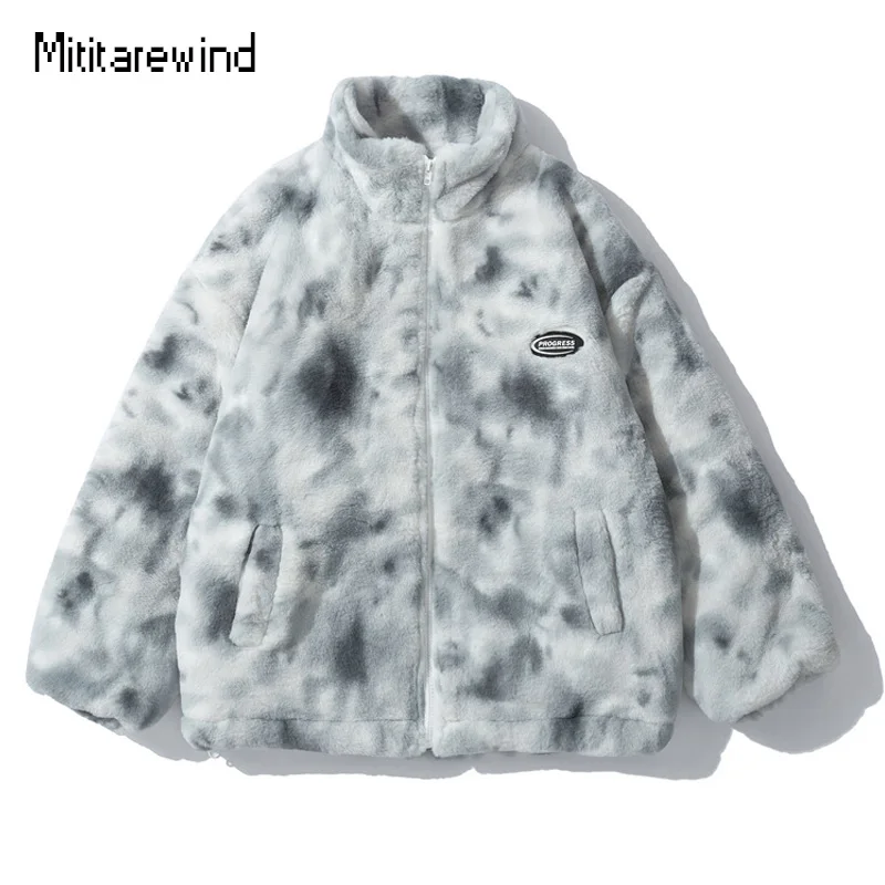 

Winter Tie Dye Couple Fur Jacket Thick Keep Warm Windbreaker Padded Coat Women Casual Loose Stand Collar Parkas Outerwear S-XXL