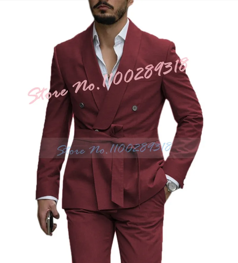 New Arrival Men Suits With Belt Shawl Lapel Wedding Prom Terno Masculino Slim Fit Groom Blazer Costume Homme 2 PCS(Jacket+Pants)