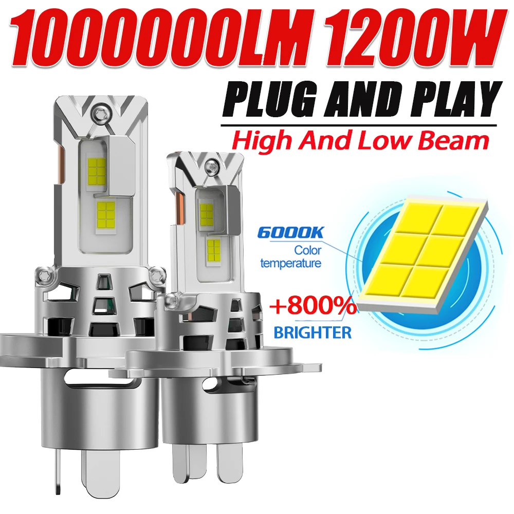 H4 Bi-LED Headlight Bulbs – CANbus Hi/Lo Beam 1200W High Power Turbo Fan | Super Bright Plug & Play Auto/Moto LED Fog & Headlamp Conversion Kit 1