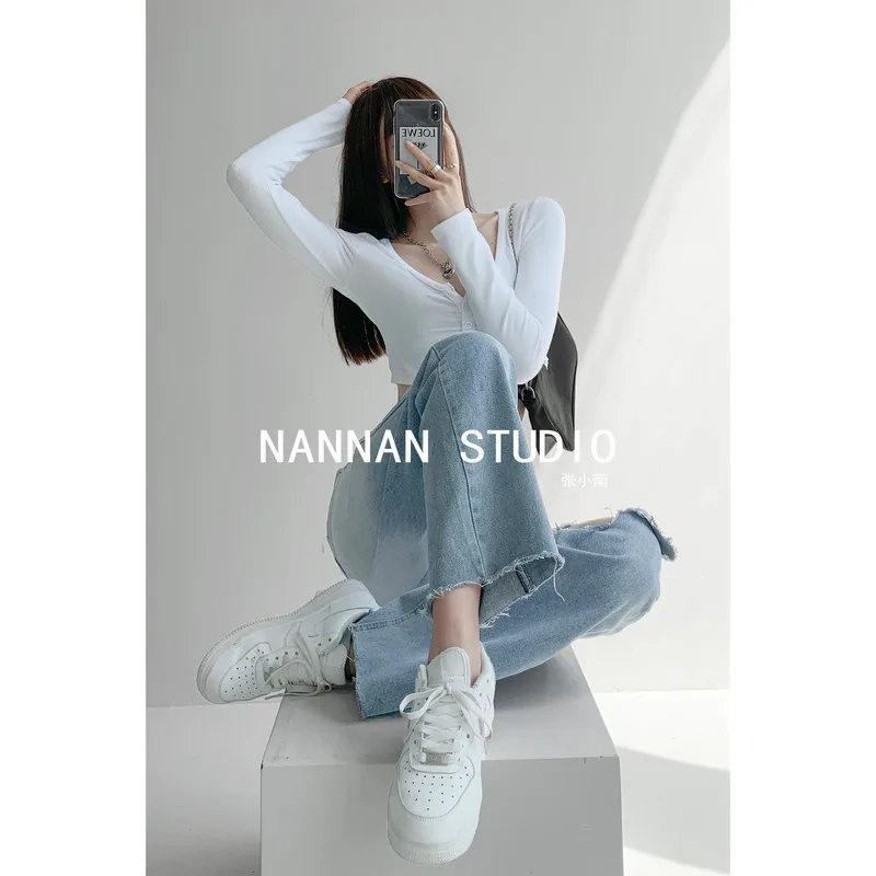 Denim Planet Gradient Denim Jeans for Women's 2024 Summer New High Waisted Loose Fitting Vertical Wide Leg Pants